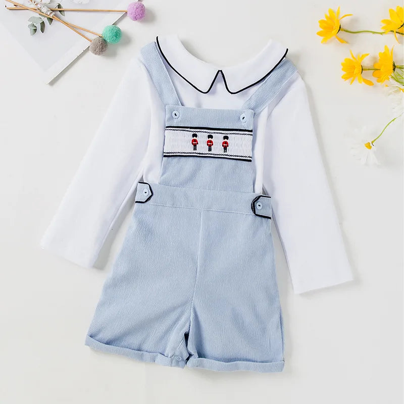 Ins Handmade Baby Boys' Clothes New British Wind Cotton Short-sleeved Shirt Embroidered Bear Clothes Baby Boys Boutique Suits