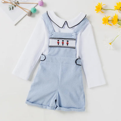 Ins Handmade Baby Boys' Clothes New British Wind Cotton Short-sleeved Shirt Embroidered Bear Clothes Baby Boys Boutique Suits