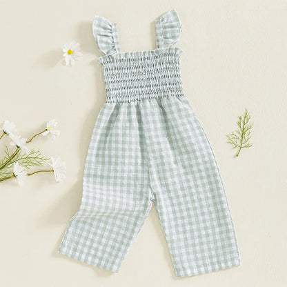 2025 Baby Girl Clothes Girl Cotton Overalls Ruffle Sleeve Strappy Gingham Checkered Romper Casual Loose Pants Outfit 0-4Y