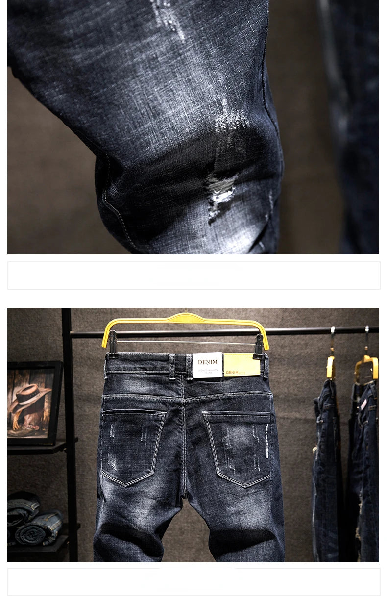 2025 Summer New Ripped Jeans Men Slim-fit Denim Pants Cotton Korean Style Fashion Men's Clothing Elasticity Versatile
