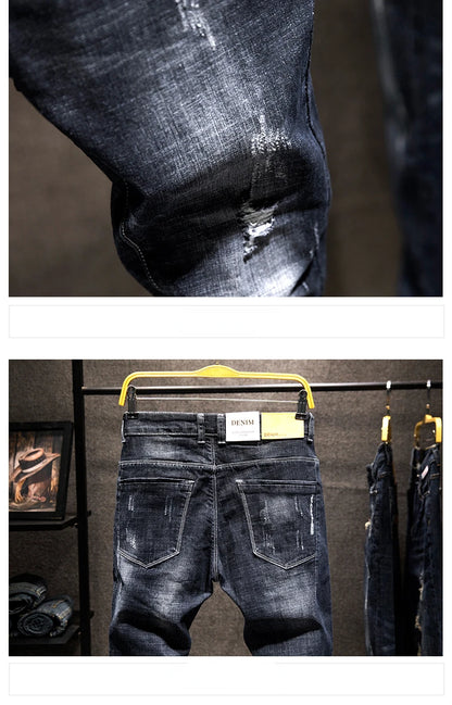 2025 Summer New Ripped Jeans Men Slim-fit Denim Pants Cotton Korean Style Fashion Men's Clothing Elasticity Versatile