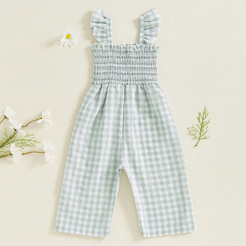 2025 Baby Girl Clothes Girl Cotton Overalls Ruffle Sleeve Strappy Gingham Checkered Romper Casual Loose Pants Outfit 0-4Y