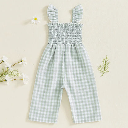 2025 Baby Girl Clothes Girl Cotton Overalls Ruffle Sleeve Strappy Gingham Checkered Romper Casual Loose Pants Outfit 0-4Y