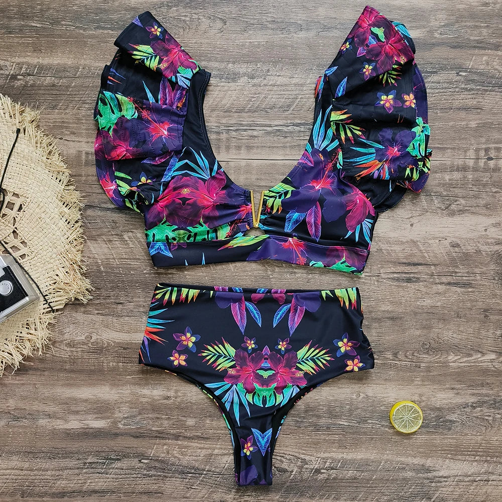 New Sexy Brazilian Bikini Set Ruffle Swimwear Women Push Up Swimsuit High Waist Print Floral Bathing Suit Biquini Female