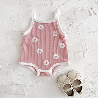Ins Newborn Baby Girl Clothes Summer Suspenders Romper Triangle Jumpsuit Flower Embroidery Toddler Strap Bodysuit 0-18 Months