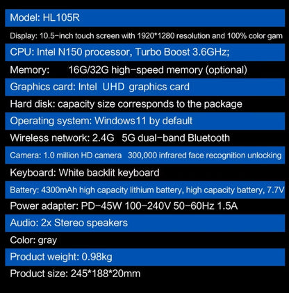 Portable Mini Laptop 10.5inch Touch Screen Notebook N150 32GB+128GB-1TB IPS Small Notebook Portable PC Micro Computer windows 11