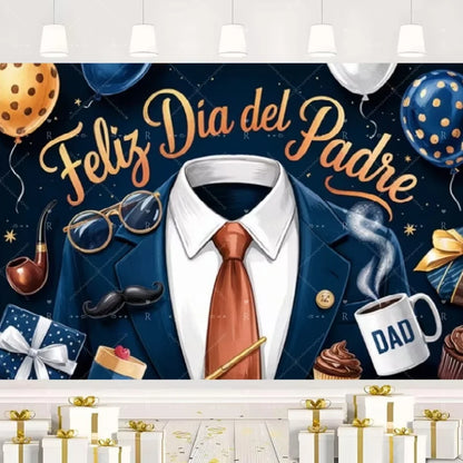 Happy Father's Day Family Party Decoration Background Feliz Día del Padre Golden Blue Balloon Backdrop for Man Tuxedo I Love Dad