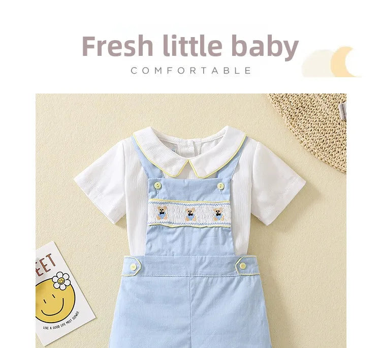 Ins Handmade Baby Boys' Clothes New British Wind Cotton Short-sleeved Shirt Embroidered Bear Clothes Baby Boys Boutique Suits
