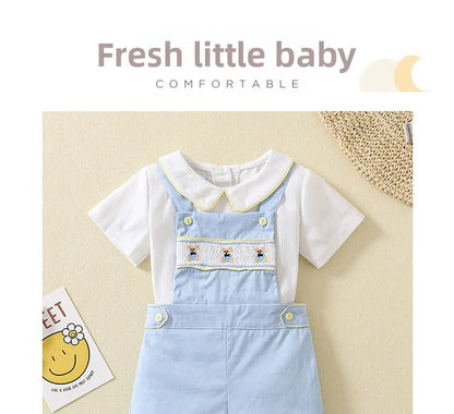 Ins Handmade Baby Boys' Clothes New British Wind Cotton Short-sleeved Shirt Embroidered Bear Clothes Baby Boys Boutique Suits