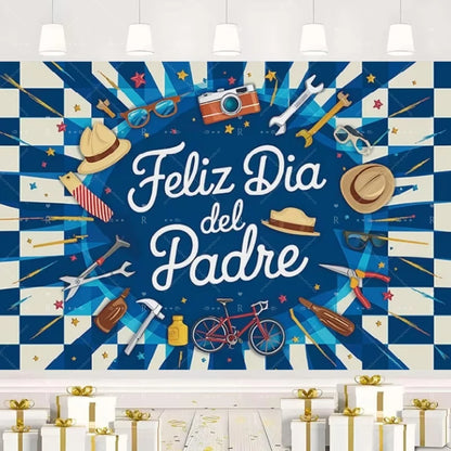 Happy Father's Day Family Party Decoration Background Feliz Día del Padre Golden Blue Balloon Backdrop for Man Tuxedo I Love Dad