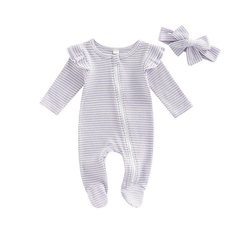 0-9M Newborn Baby Girl Clothes Ruffle Baby Sleeper Zipper Footie Knit Romper Playsuit Jumpsuit with Headband Outfit 2 Piece