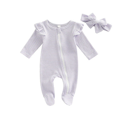 0-9M Newborn Baby Girl Clothes Ruffle Baby Sleeper Zipper Footie Knit Romper Playsuit Jumpsuit with Headband Outfit 2 Piece