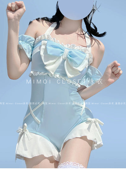 Japanese Lolita Girls Bow Cute Water Blue Swimsuit Hot Spring Bathing Swimwear Japanese Style Women One Peice Swimming Suit