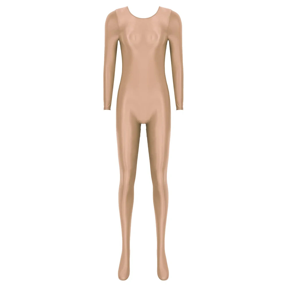 Women Oil Shiny Long Sleeve Pantyhose Jumpsuit Bodystocking Yoga Gymnastics Shapewear One-Piece Swimsuit Catsuit Glossy Bodysuit
