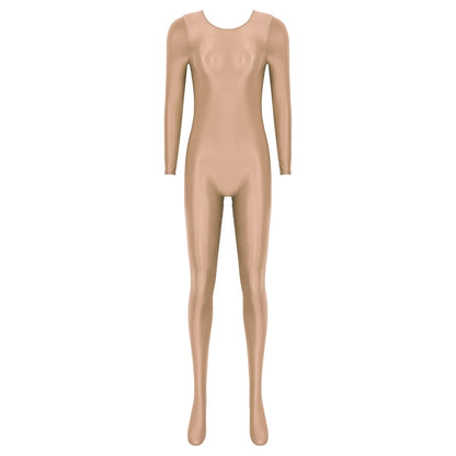Women Oil Shiny Long Sleeve Pantyhose Jumpsuit Bodystocking Yoga Gymnastics Shapewear One-Piece Swimsuit Catsuit Glossy Bodysuit
