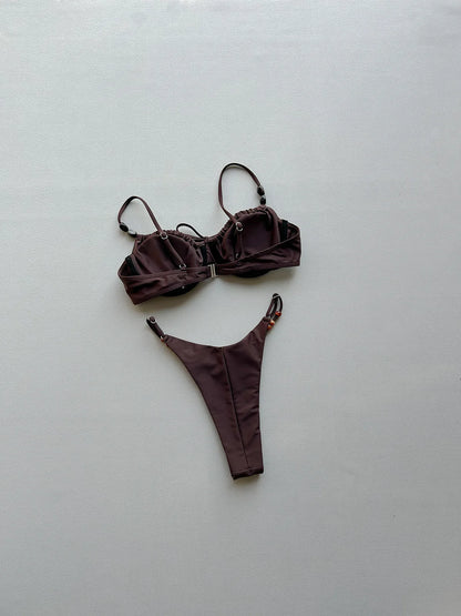 2026 New Sexy Underwire Padded Swimsuit Lace-up Micro Bikini Set Beachwear Female Push Up Low Waist Biquini Bead Decor Swimwear