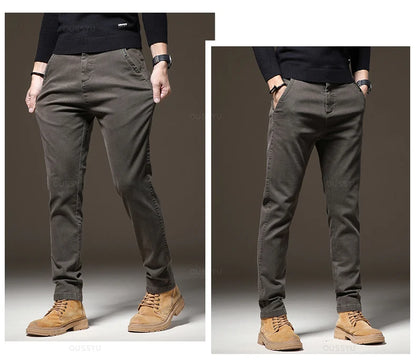 Autumn Winter High Quality Pants Men Elastic Waist Slim Coffee Twill Brand Clothing Thick Cargo Trousers Male Plus Size 28-38