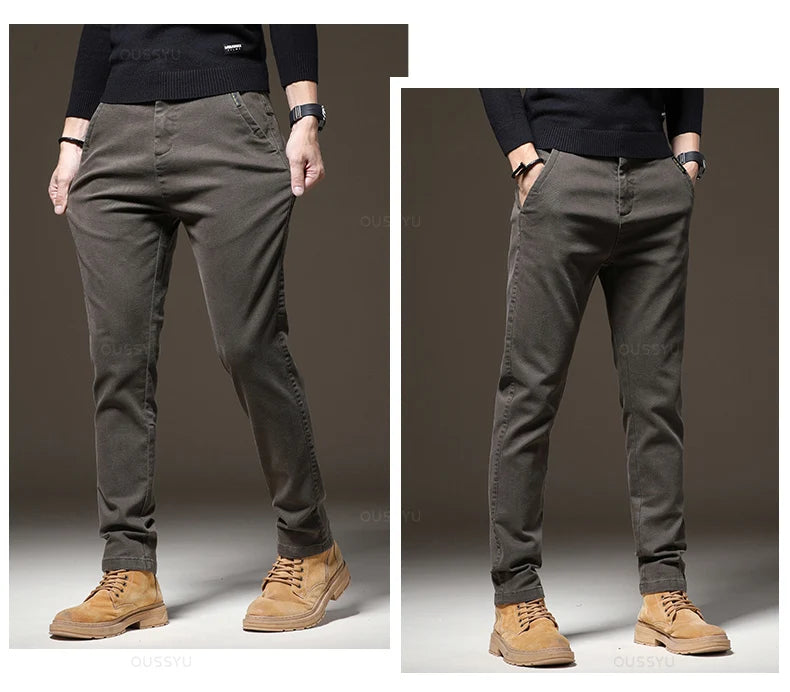 Autumn Winter High Quality Pants Men Elastic Waist Slim Coffee Twill Brand Clothing Thick Cargo Trousers Male Plus Size 28-38