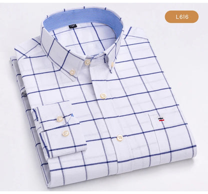 Men's Oxford Long Sleeve Shirt 100% Cotton Wrinkle Resistant & Breathable, Solid Plaid Striped Comfort Casual Button-down Shirts