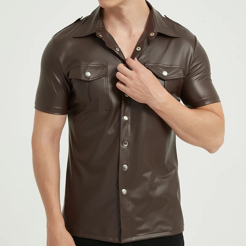 Men's PU leather shirts elastic short sleeve superior quality