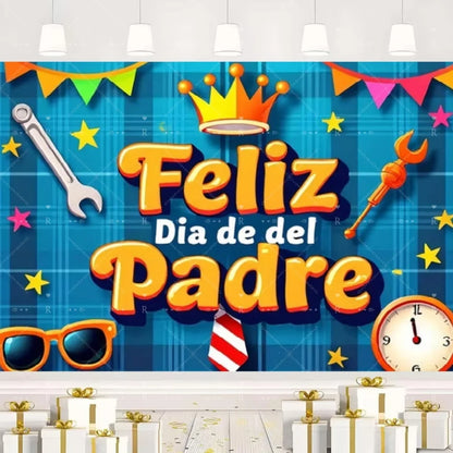 Happy Father's Day Family Party Decoration Background Feliz Día del Padre Golden Blue Balloon Backdrop for Man Tuxedo I Love Dad