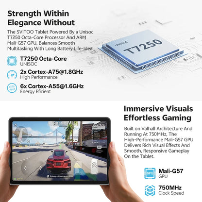 SVITOO Android 16 Tablet 2025 10.1 Inch Unisoc T7250 20GB RAM 128GB ROM 6 Hours Battery WiFi 5 GPS With Keyboard Mouse Case