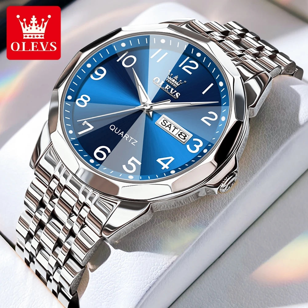 OLEVS Men's Watches Luxury Fashion Fine Steel Strap Top Brand Original Quartz Wristwatch for Man Rhombus Mirror Waterproof Date