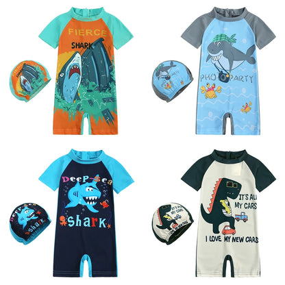 2025 Toddler Children Swimwear Suit Print UV Kids Boys Girls Summer Beach Clothes 2Pcs Cap+Bathing Swimming Diving Swimsuit