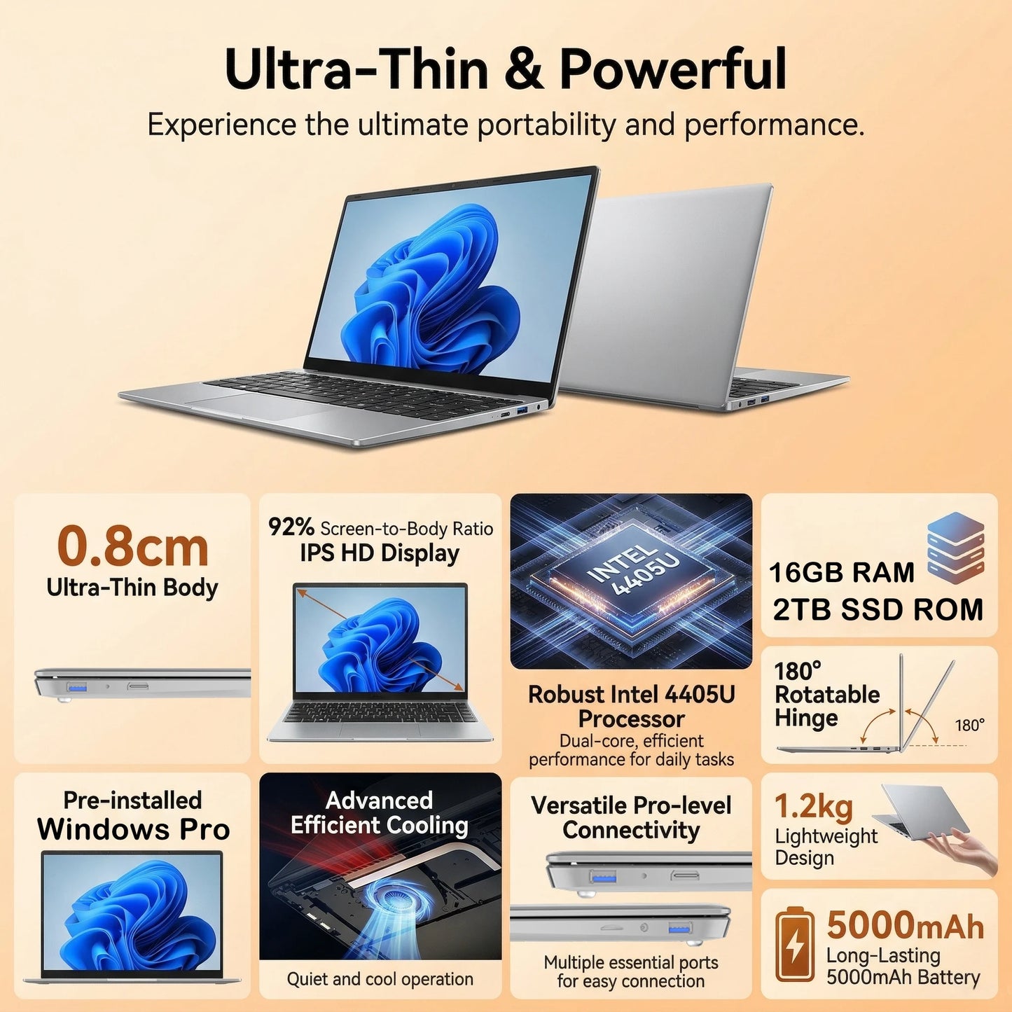 New Ultra Slim 14.1 Inch Laptop Intel 4405U 16GB RAM 2TB SSD 1920*1080 FHD Display Windows 11 Pro Office Study Computer