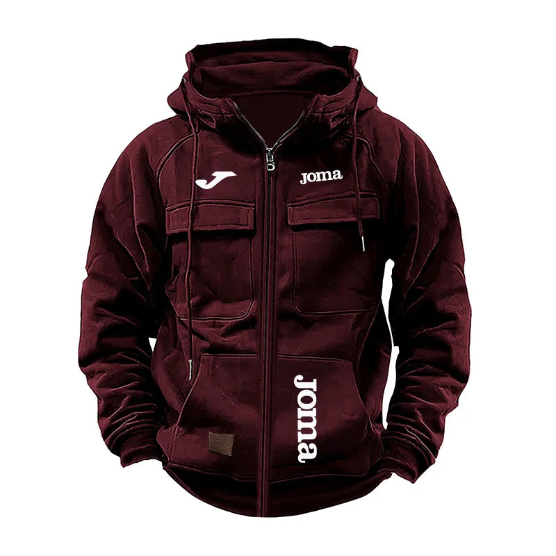 Joma Men's Loose Fleece-lined Hoodie Jacket with Multiple Pockets Retro American Style Spring Autumn Winter Casual Outerwear
