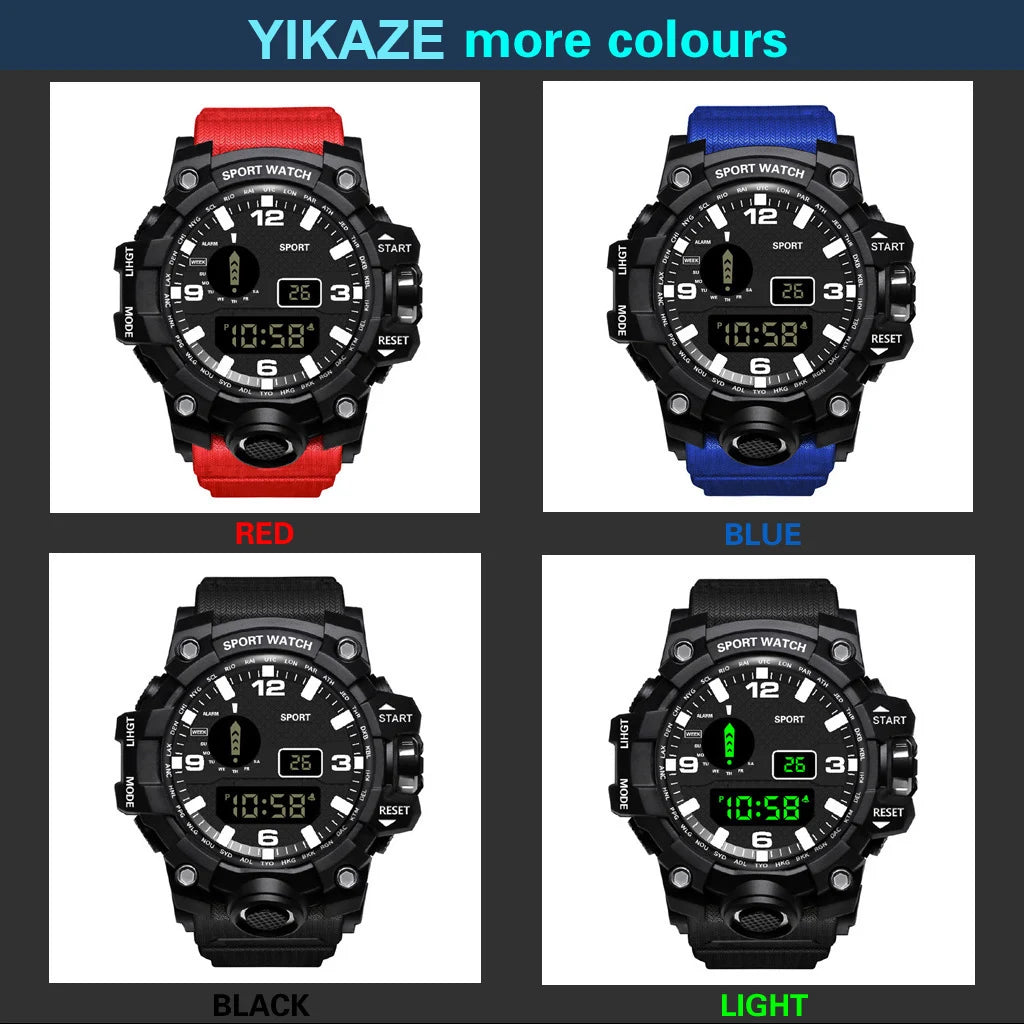 YIKAZE Sports Watch Men's LED Digital Watches Multifunction Military Clock Big Dial Waterproof Fitness Electronic Watch For Man