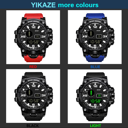 YIKAZE Sports Watch Men's LED Digital Watches Multifunction Military Clock Big Dial Waterproof Fitness Electronic Watch For Man