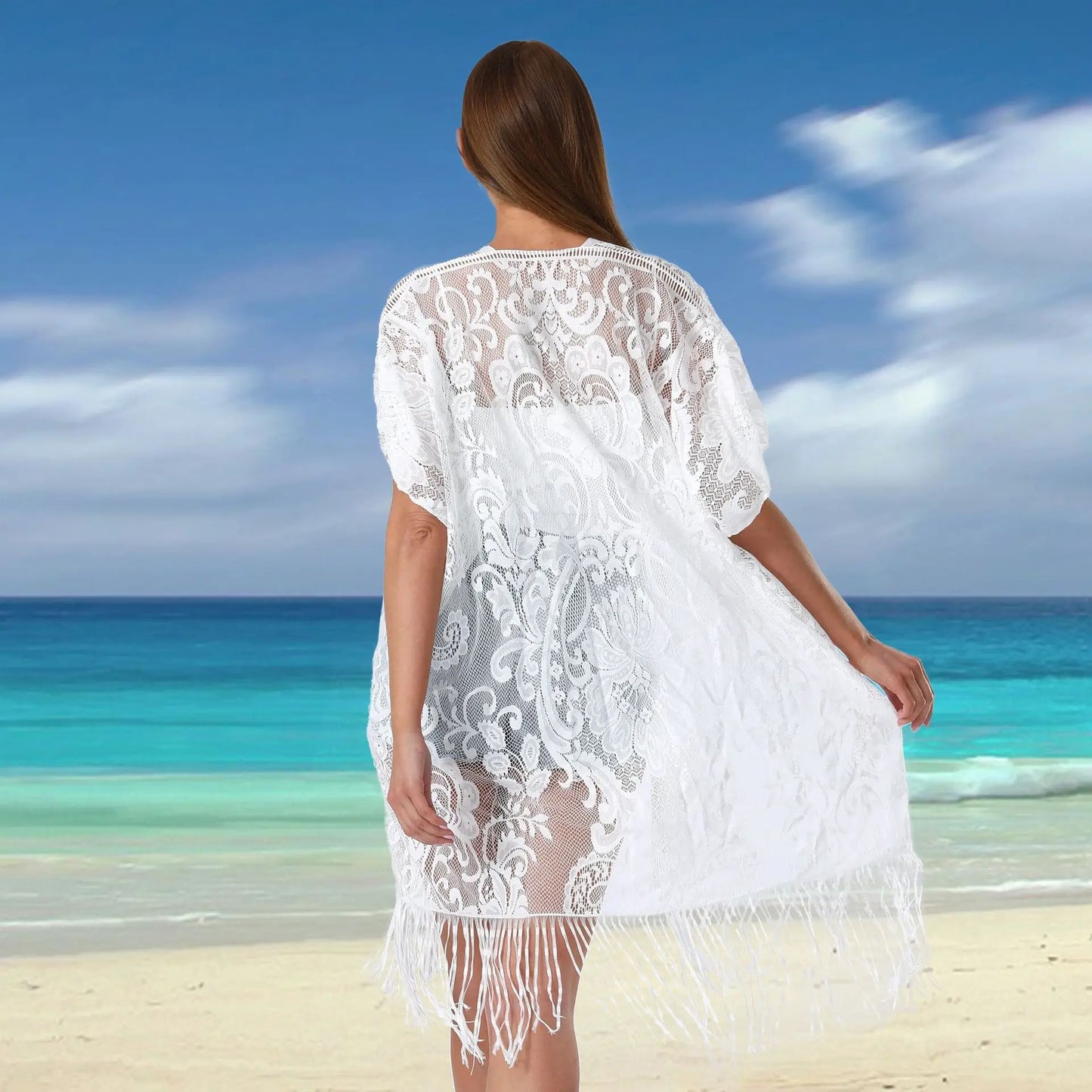 Women Swimsuit Cover Up Bead binding Light weight shawl Beach sarong Floral Lace Kimono Bikini Swim Sunshade Dress Travel