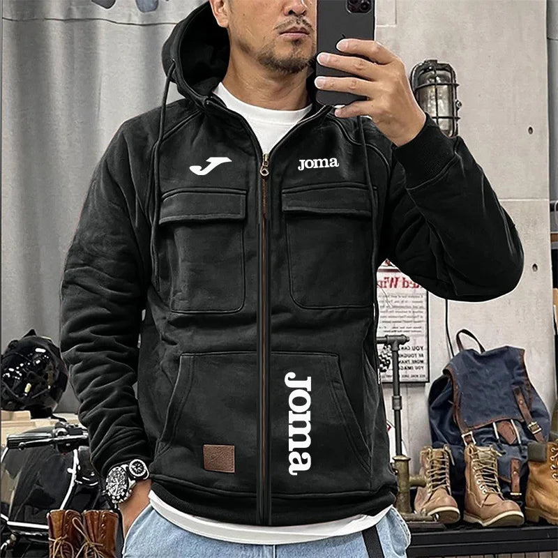 Joma Men's Loose Fleece-lined Hoodie Jacket with Multiple Pockets Retro American Style Spring Autumn Winter Casual Outerwear