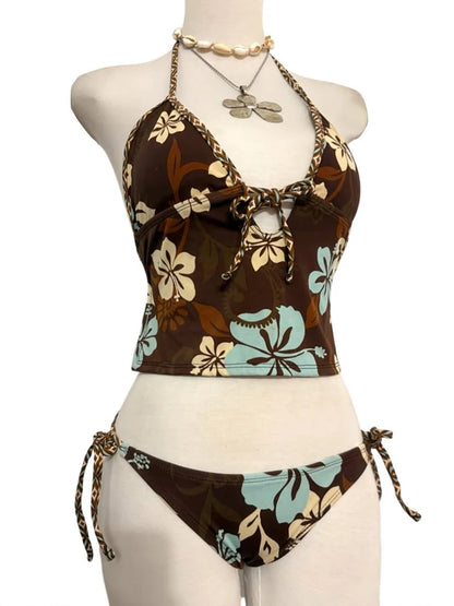 Floral retro pattern beach casual style spice bikini 2026 spring and summer new personality fashion girl sexy two-piece suit