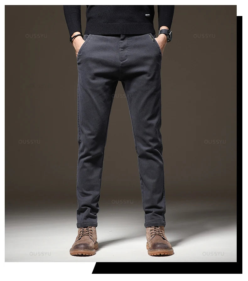 Autumn Winter High Quality Pants Men Elastic Waist Slim Coffee Twill Brand Clothing Thick Cargo Trousers Male Plus Size 28-38