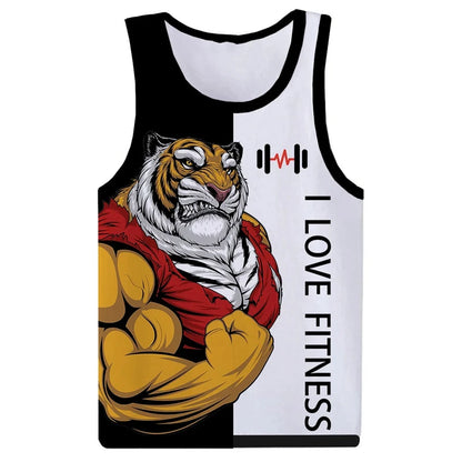 I Love Fitness Tank Tops Animal Letter 3D Print Men's Streetwear Hip Hop Oversized Gym Vest Harajuku Sleeveless Top Man Clothing