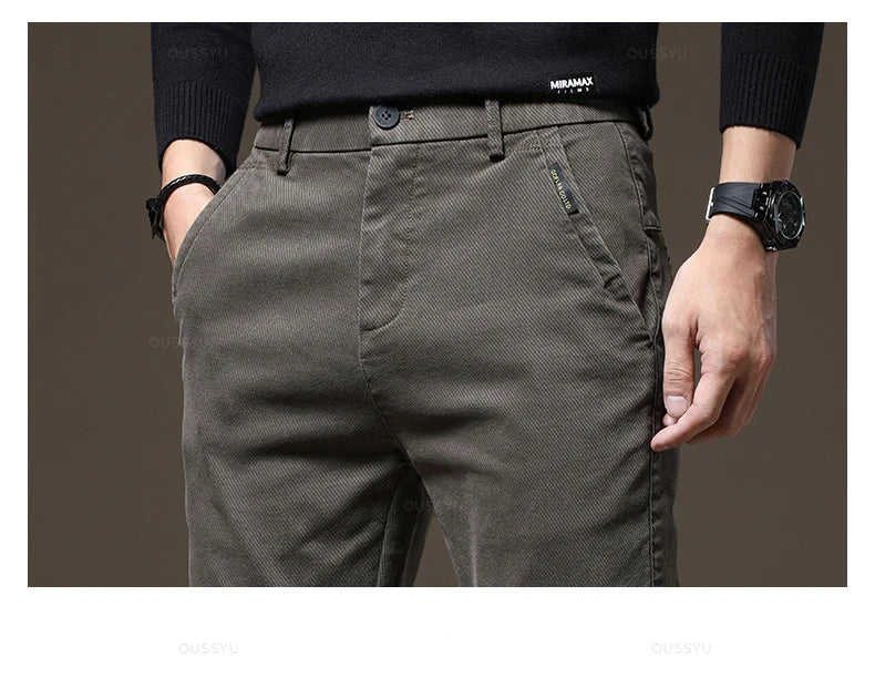 Autumn Winter High Quality Pants Men Elastic Waist Slim Coffee Twill Brand Clothing Thick Cargo Trousers Male Plus Size 28-38