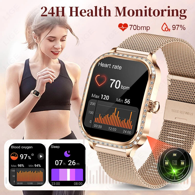 2026 Fashion Women Smart Watch Bluetooth Call Custom Watch Face Fitness Tracker IP68 Waterproof Smartwatch Woman for Android IOS