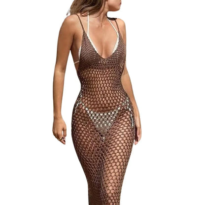 Lamuusaa Sexy Beach Dress Women Bikini Cover Ups Solid Color V Neck Crochet Cutout Sleeveless Backless Long Dress Party Dresses