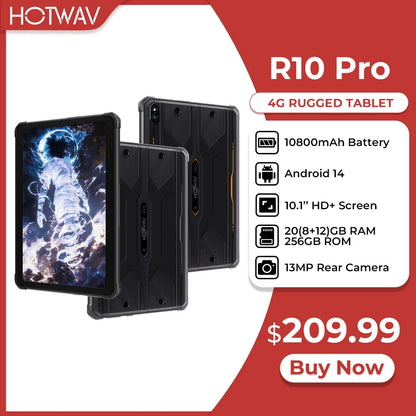 HOTWAV R10 Pro Rugged Tablet 10800mAh Massive Battery 10.1'' HD+ Display Pad Android 14 8GB 256GB 13MP 4G Global Tablet PC