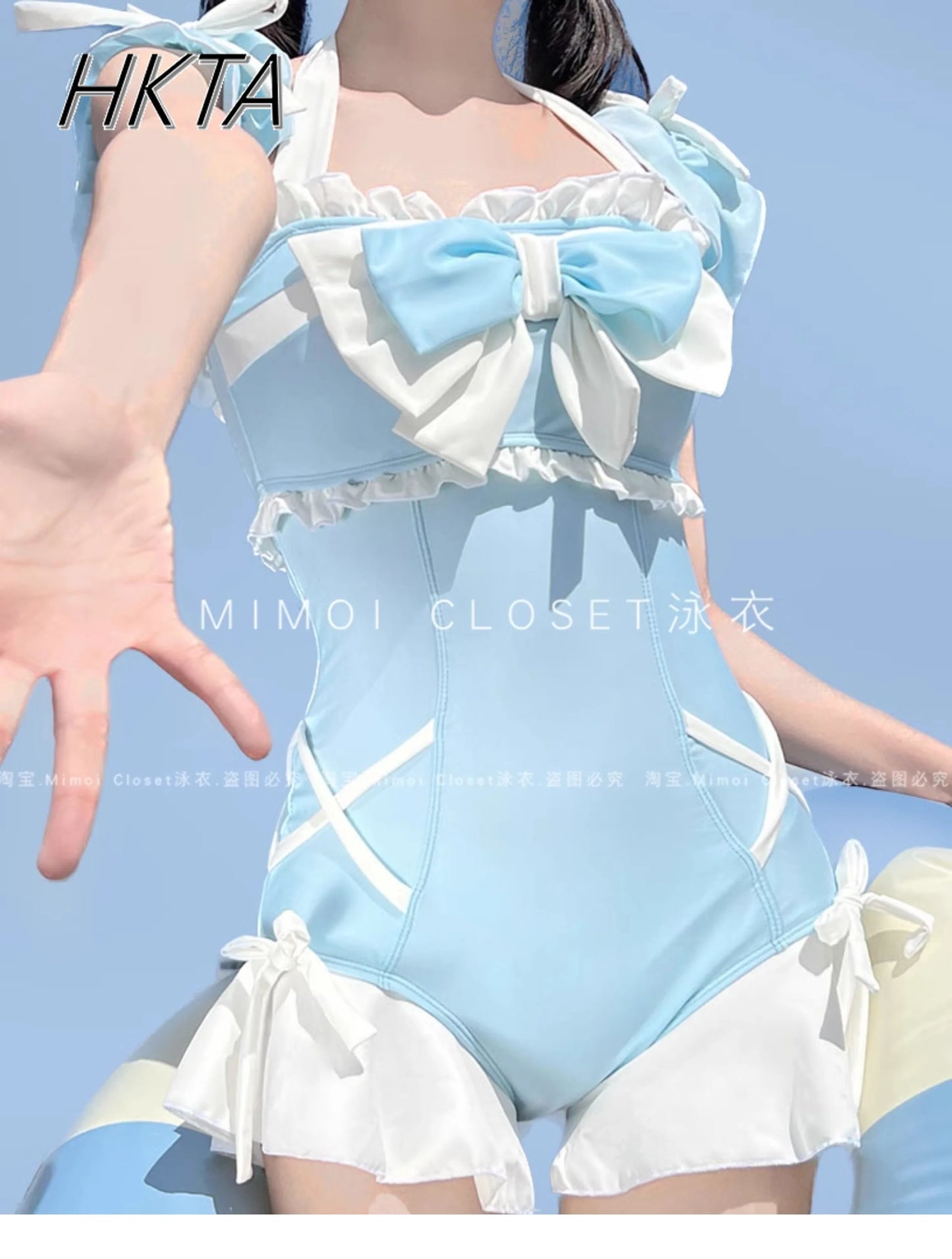 Japanese Lolita Girls Bow Cute Water Blue Swimsuit Hot Spring Bathing Swimwear Japanese Style Women One Peice Swimming Suit