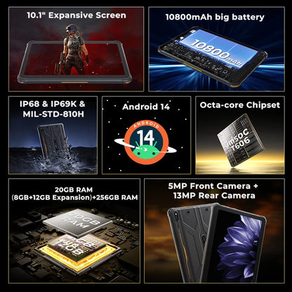 HOTWAV R10 Pro Rugged Tablet 10800mAh Massive Battery 10.1'' HD+ Display Pad Android 14 8GB 256GB 13MP 4G Global Tablet PC