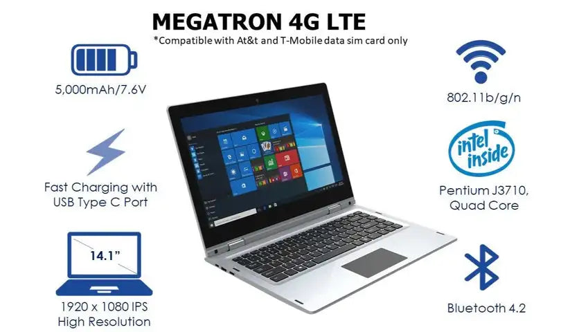 14.1 NCH Notebook Ultrabook 4GB RAM 6GB ROM Touch Screen 360° Laptop PC Windows 10 Pro  Intel Pentium 4G LTE 1920 x 1080 IPS