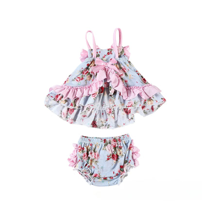 2025 New Born Baby Girl Clothes Baby Suit Overall Floral Clothes Set 3-24m Cotton Sleeveless Toddler Infant Ruffle Tops + Shorts
