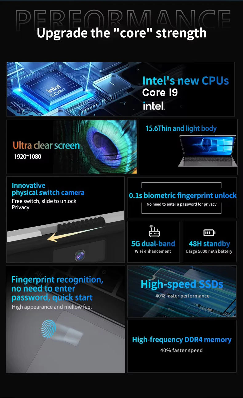2026 Gaming 15.6" Laptop Intel Core i9 9900 Computer 16GB RAM 1TB 2TB 1920*1080 Fingerprint Unlock Backlit Laptops Windows 11