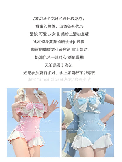 Japanese Lolita Girls Bow Cute Water Blue Swimsuit Hot Spring Bathing Swimwear Japanese Style Women One Peice Swimming Suit