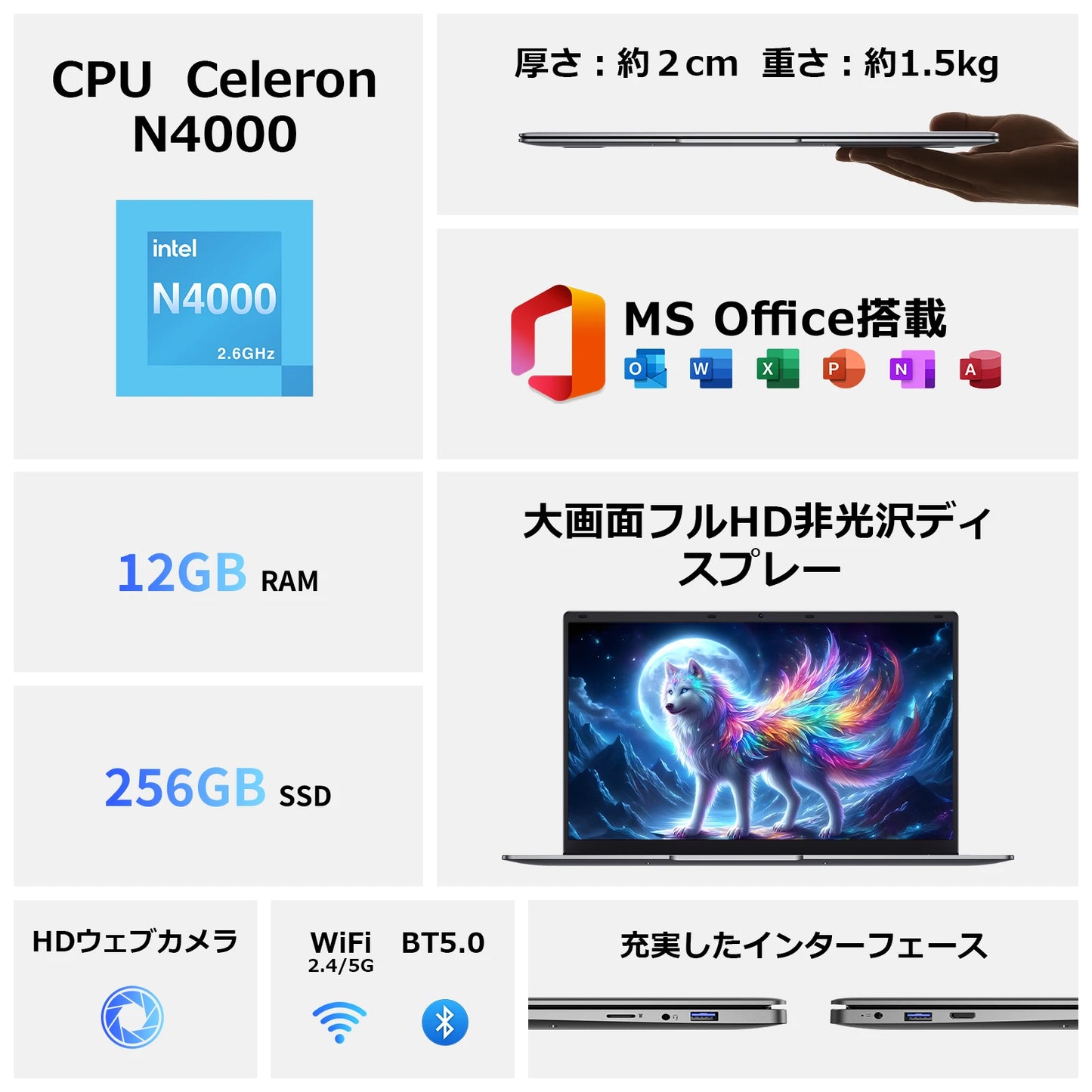 15.6 "Thin & Portable Laptop Computer Intel Celeron N4000 12GB RAM 256GB SSD FHD 1920x1080 16:9 Display For Work And Study