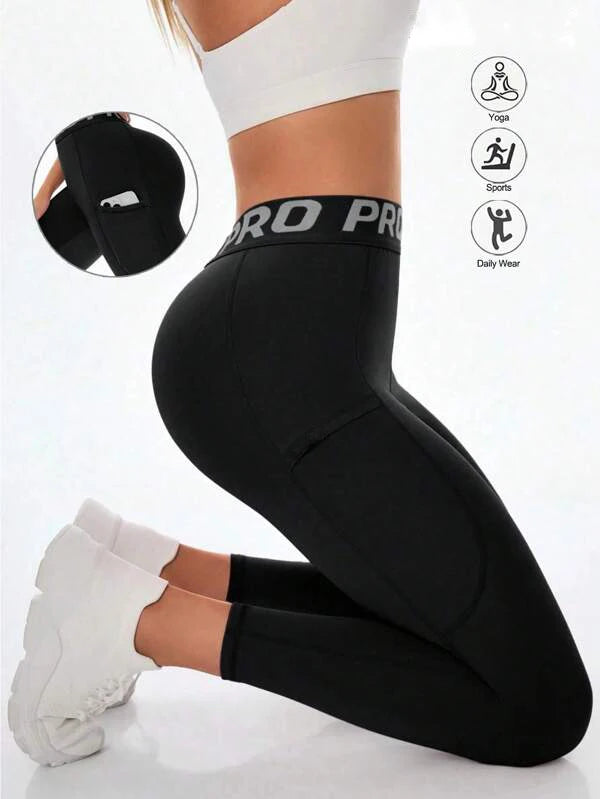 Letter Waist Hip Lift Pocket Yoga Leggings