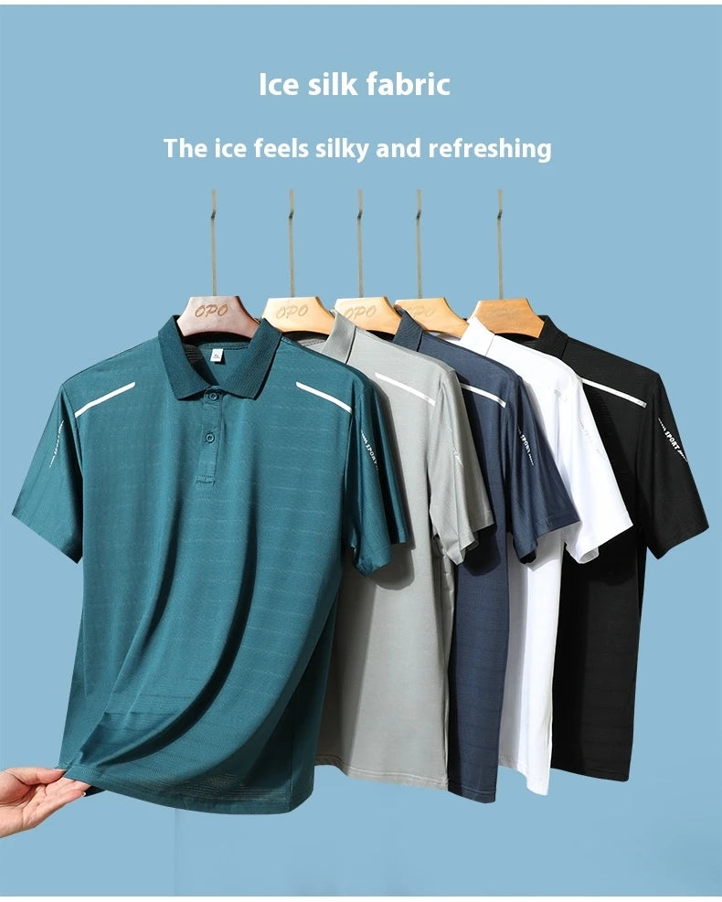 Summer Ice Silk Polo Top Short sleeved Polo Collar Quick Drying Sports Shirt Trendy and Fashionable Thin Breathable T-shirt